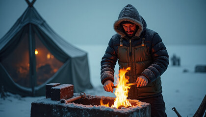 Blacksmith working by the fire in snowy campsite with tent in cold environment
