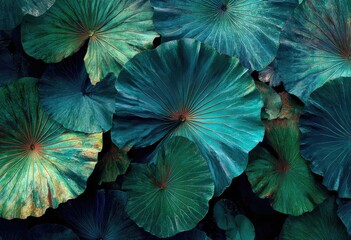 Lush teal leaves, overlapping circular shapes