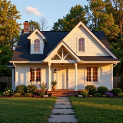 Charming suburban house with white exterior and lush garden in warm golden hour light