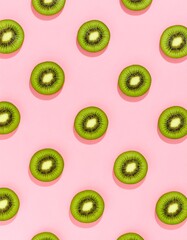 Fototapeta premium Kiwi slices arranged in a grid on pink background
