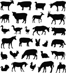 Silhouette collection of farm animals including goat, cow, sheep, duck, horse, chicken, pig, rabbit, donkey, perfect for designs