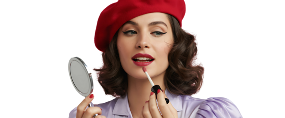 Elegant woman applying lipstick with mirror, creating flawless makeup for a stylish look