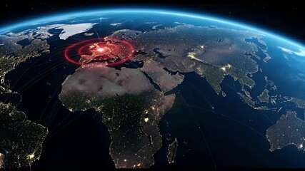 A satellite view of Earth at night, highlighting a specific region in Europe with a red alert circle indicating an important event or crisis. - Powered by Adobe