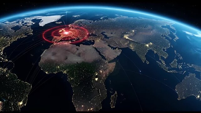 A satellite view of Earth at night, highlighting a specific region in Europe with a red alert circle indicating an important event or crisis.