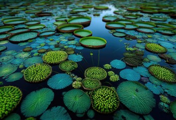 Vibrant water lilies, various sizes and hues of green, in a tranquil pond