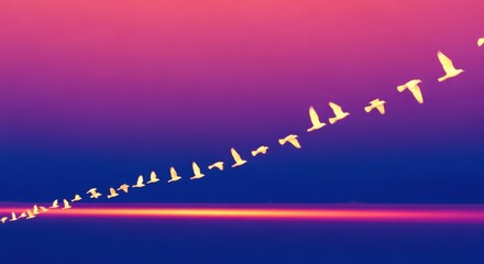 A serene flock of birds fly in formation against a vibrant gradient sunset backdrop illustration.