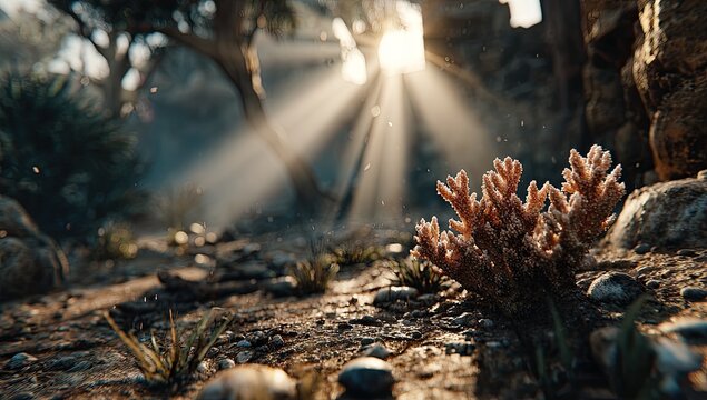 Sunbeams illuminate a cluster of coral-like plants nestled amongst rocky ground