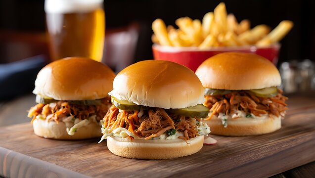 Three delicious pulled pork sliders with french fries and beer