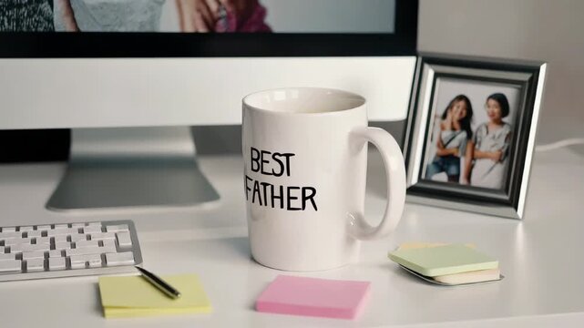 A desk scene featuring a computer, a white mug labeled 'Best Father', sticky notes, and a photo frame with two women. The setting is casual and personal.