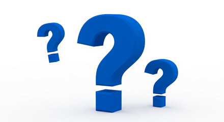 Three blue question marks, varying in size, on white background, symbolize inquiry, uncertainty, and the search for answers, ideal for websites or presentations needing a questioning theme
