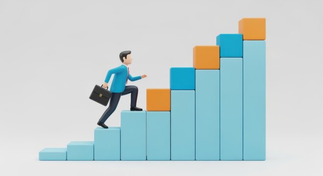 Cartoon man in suit climbs blue and orange stairs to illustrate career advancement concept - Powered by Adobe