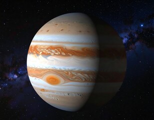 Striking Jovian sphere majestically floating among distant cosmic nebulas and faint stars