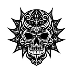 Tribal skull tattoo, a striking and vibrant dark fantasy-inspired tribal skull with a skull