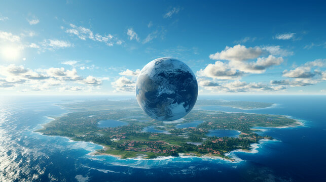 A blue planet with a large sphere in the middle of it - Powered by Adobe