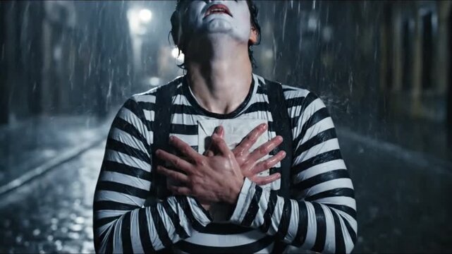emotional mime artist crying in heavy rain at night street