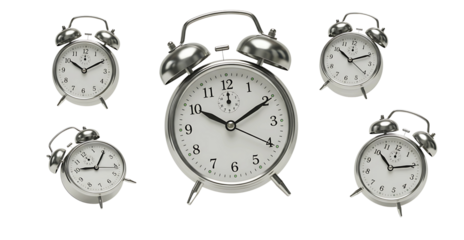 flying classic silver alarm clock with bells and white face displaying time isolated on transparent cutout background, cut out, png