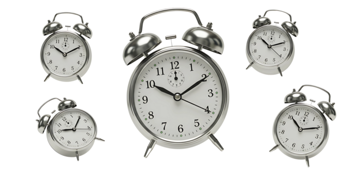 flying classic silver alarm clock with bells and white face displaying time isolated on transparent cutout background, cut out, png - Powered by Adobe