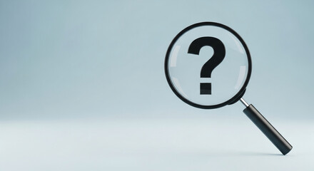 Magnifying glass with question mark, on light-blue background Free space for text, symbolizes inquiry, investigation, problem-solving