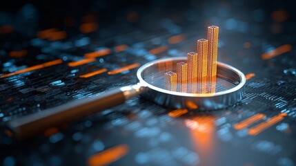 Innovative Analytics Concept Featuring Upward Arrow Graph and Magnifying Glass Over Tech Grid