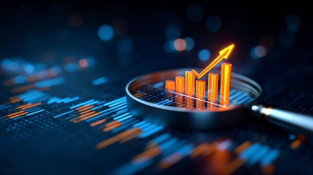 3D Orange Bar Graph Showing Rising Trend Viewed Through Magnifier on Digital Data Background