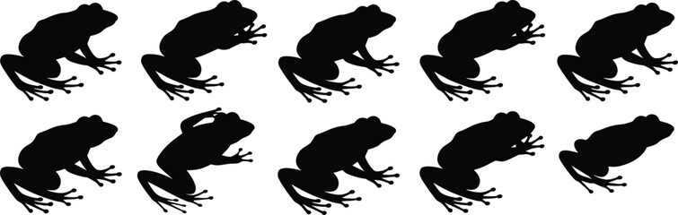 Silhouettes of multiple frogs in various poses, black amphibian shapes, wildlife vector art, nature animal illustration, frog shadows on white background, creative design concept