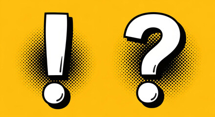 Bold exclamation and question marks on yellow background with halftone dots, representing inquiry, decision-making, or a choice, suitable for websites or presentations