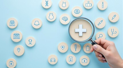 Health care services concept with medical icons and magnifying glass for healthcare search