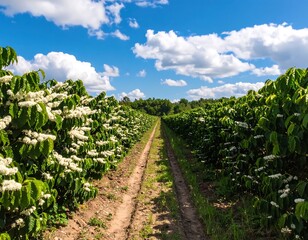 Coffee plantation path on sunny day