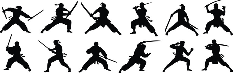 Silhouettes of ninjas practicing sword fighting, martial arts, katana poses, combat training, warrior stance, action movement, fight sequence vectorizer © Design_Pro
