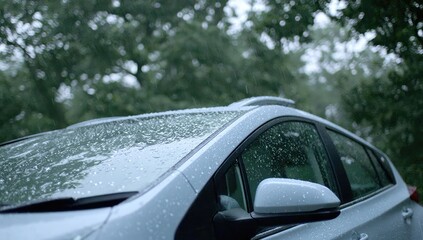 Light-colored car in a rain shower