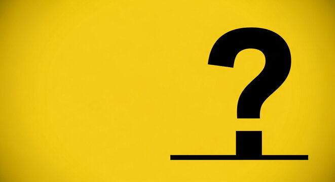 Black question mark on yellow background, simple graphic design, suggesting inquiry, uncertainty, or need for information, suitable for various concepts