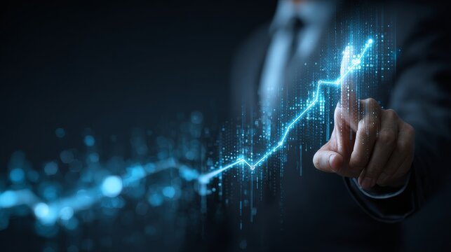 High-Tech Analytics Concept with Businessman Controlling a Bright Upward Market Trend Line