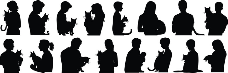 Silhouettes of people holding cats, pets, animals, love, care, companionship, cat owners, affection, friendship, black vector art, family moments.