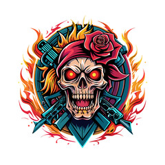 Skull with glowing eyes, bandana, rose, flames, and crossed guns—fierce artwork.