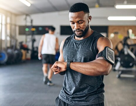Man checking fitness tracker in gym