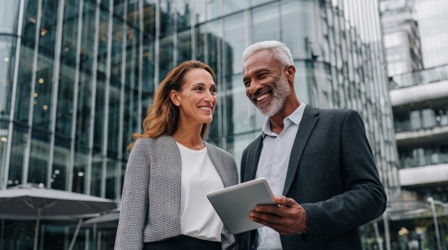 Professional Team Collaboration Scene Featuring Two Executives Using a Tablet Near a Contemporary Workplace
