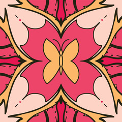 Seamless pattern with butterfly on pink background. Vector illustration.
