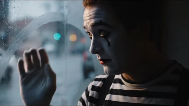 sad mime performer looking out rainy window