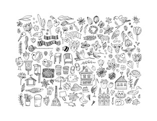 Hand drawn doodle set of different nature icons. Summer or spring graphics