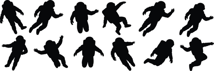 Vector astronaut silhouettes floating space suits, zero gravity spacewalk, cosmic exploration, spaceman jumping, outer space helmet, science, technology, space adventure illustration. © Design_Pro