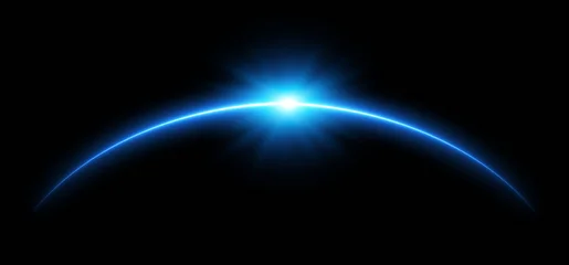 Selbstklebende Fototapeten Universum Glowing blue sunrise over planet horizon in deep space, vector illustration with shining light rays, futuristic cosmic background for science, technology, astronomy, and cosmic atmosphere design  © masudrwd