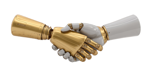 Robot and human hands shaking in agreement, isolated on transparent background