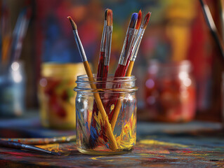 Artistic paintbrushes in glass jar with colorful paint splashes, surrounded by vibrant art supplies creating creative workspace atmosphere