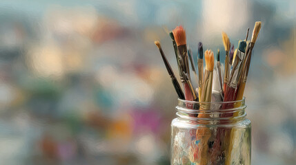 Fototapeta premium Paintbrushes in glass jar with blurred colorful background, showcasing artistic tools and creative workspace ambiance