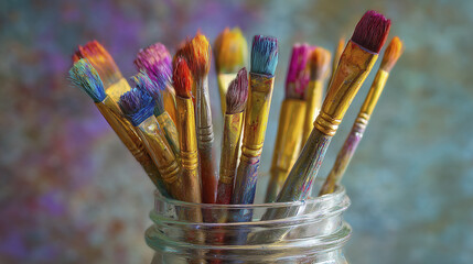 Colorful paintbrushes glass jar blurred background vibrant art tools creative workspace artistic supplies paintbrush set studio equipment artistic