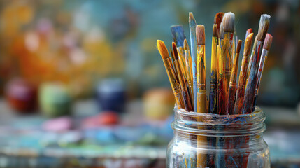 Colorful paintbrushes glass jar blurred background vibrant art supplies creative tools artistic workspace paintbrush set studio environment