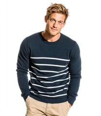 Man in navy and white striped sweater