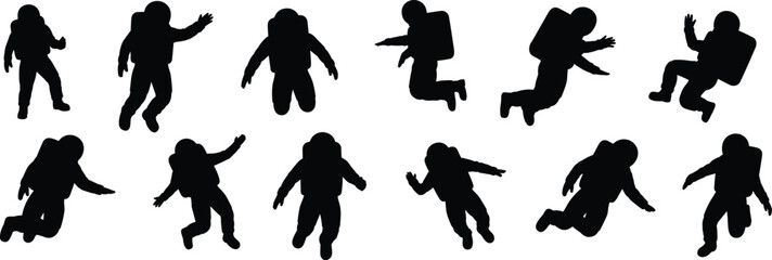 Vector silhouette astronauts floating space suit, zero gravity movement, cosmic exploration, spaceman jumping, spacewalk, helmet, outer space adventure, science, technology.
