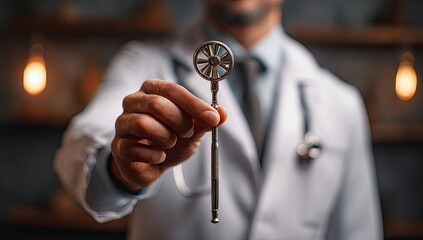 Doctor presenting a small, metallic, propeller-like device