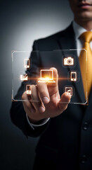 Hand interacting with transparent digital interface showcasing laptop, phone, camera icons, symbolizing modern technology, digital interaction, and innovation